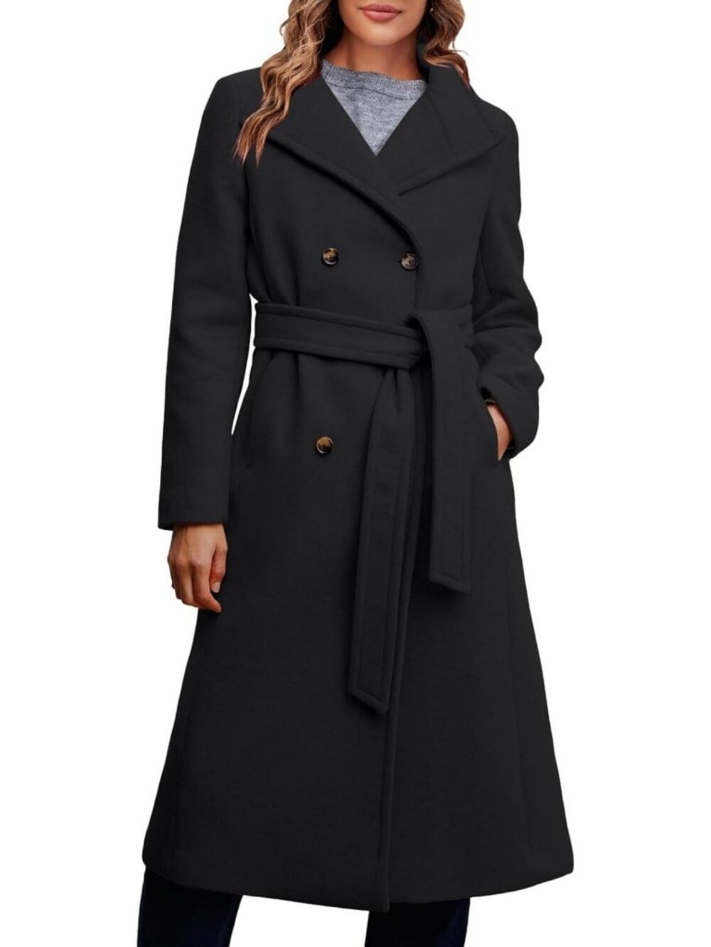 Chic Women's Double Breasted Long Winter Coat with Pockets & Belted Style